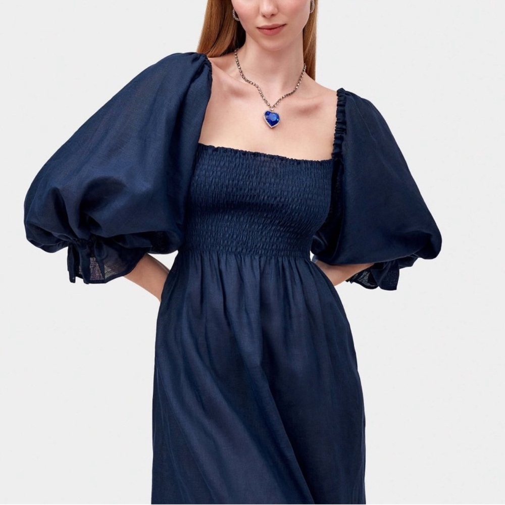 Sleeper Atlanta Linen Midi Dress Navy Off Shoulder Poetcore Lagenlook Romantic